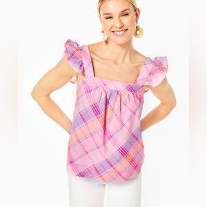 NWTS Lilly Pulitzer Reyna Top Size L Pink Isle Madras Plaid
